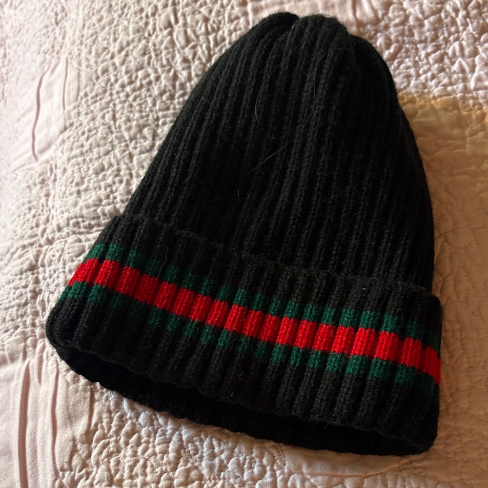 Black Knit Beanie with Red and Green Stripe